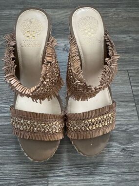 Vince Camuto Tan Fringe Wedge Mules with Braided Metallic Accents